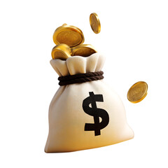 Money bag with falling gold coins representing wealth and financial success in business and investments