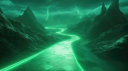 Glowing green river winding through a fantasy landscape