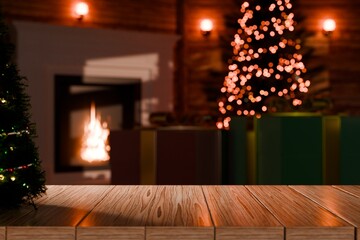 3d wooden table with christmas gifts and tree bokeh. cozy festive living room background concept. warm holiday product display scene for branding and advertising. 3d render.