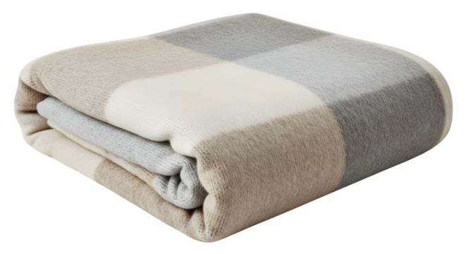 A neatly folded wool blanket with soft fabric texture, cozy neutral colors, isolated on transparent background.