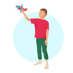 Boy kid playing with vibrant plane toy sweet childhood flat illustration