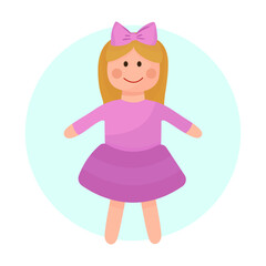 Cute doll toy for kids girl in purple dress with yellow hair flat illustration