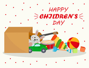 Happy children's day card with toy box with colorful pyramid ball plush bear rabbit
