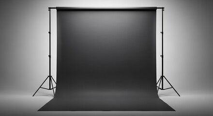 A professional photography studio backdrop with a seamless dark gray background and lighting stands.