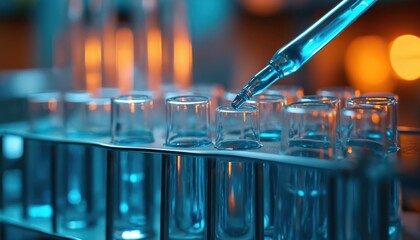 Blue liquid drips from pipette into test tube. Laboratory equipment arranged in rack for science experiment. Research in medical lab with glass vials and sterile tools.
