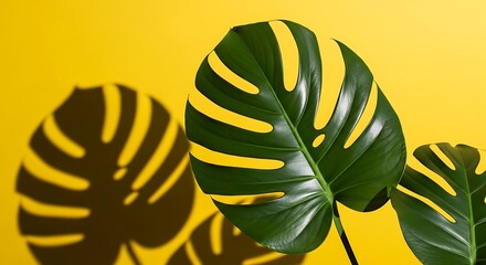 A large, vibrant green monstera leaf casting a dramatic shadow against a solid, bright yellow background.