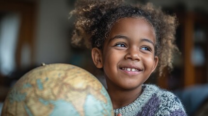 Naklejka premium Child in Classroom Holding Globe, Diverse Education Exploration Scene