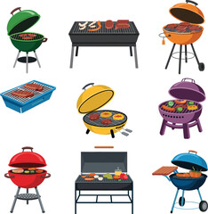 Colorful barbecue grill set, outdoor cooking equipment, grilled meat and vegetables, summer BBQ party, diverse grill styles, vector illustration