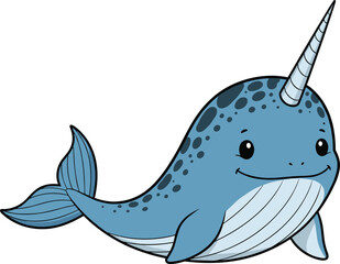 Cute cartoon narwhal illustration, smiling sea animal, blue ocean creature, spiral tusk, marine wildlife, adorable vector, playful underwater character