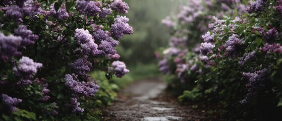 Obraz premium Serene rain soaked garden pathway lined with blooming purple lilac bushes in lush spring landscape perfect for nature editorial content and tranquil outdoor lifestyle photography concepts