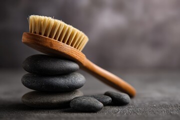 Textured Wooden Dry Body Brush Resting on Smooth Black Spa Stones, Wellness Concept.