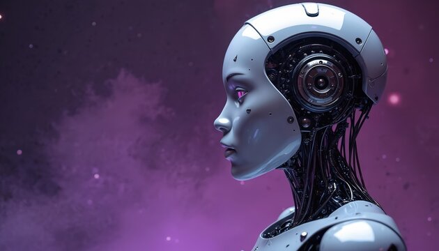 Close-up profile of a female robot head and neck. White metallic humanoid face with glowing pink eyes. Exposed cybernetic wires and mechanical parts visible.