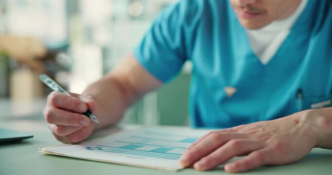 Medical, documents and form with hands of nurse in office for patient information, referral letter and writing. Healthcare report, symptoms history and survey with person in clinic for paperwork