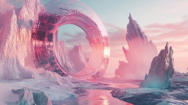 Futuristic ring structure standing on alien planet landscape