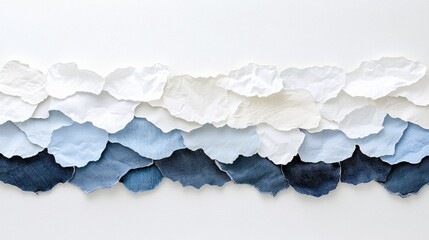 Torn pieces of white paper and denim fabric are layered to create a gradient of colors from white to indigo.