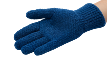 Closeup of outstretched hand wearing blue knitted glove on the transparent background for winter warmth and protection