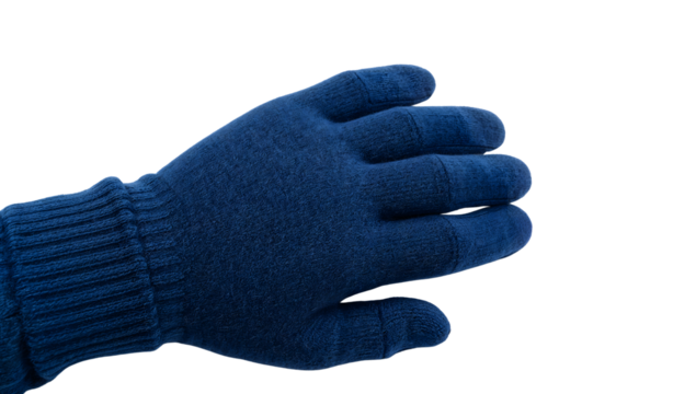 Blue woolen glove on hand isolated on the transparent background for winter clothing and accessories concepts