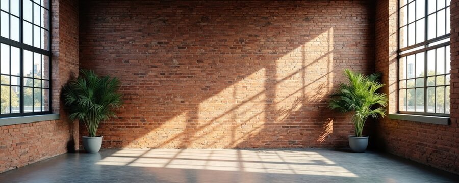 Empty loft room with brick wall. Large windows let in sunlight casting shadows. Potted plants add touch of nature. Concrete floor offers raw industrial look.