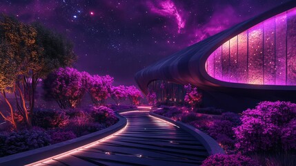 Futuristic architecture glowing under a starry purple night sky