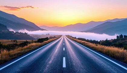 An empty asphalt road with white lane markings leads into a valley filled with mist, with layered mountains in the background under a soft sunrise sky.