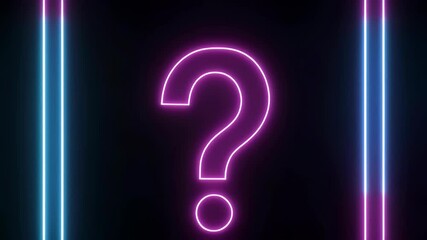 A vibrant pink neon question mark glows centrally, flanked by luminous blue and purple vertical light bars against a dark background. - Powered by Adobe