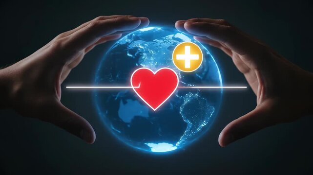 Hands forming a heart shape around a glowing globe symbolizing health.