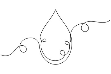 Water drop continuous one line drawing on white background minimalist clean rain icon outline vector illustration