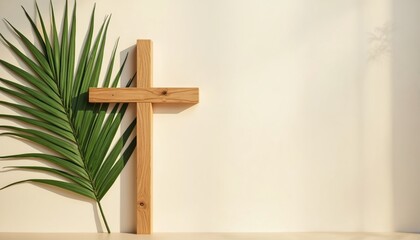 Wooden cross and green palm frond on light background. Simple religious symbol for christian holidays like Palm Sunday Easter. Space for text.