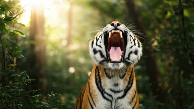 A roaring tiger in a vibrant jungle, showcasing nature's fierce beauty.