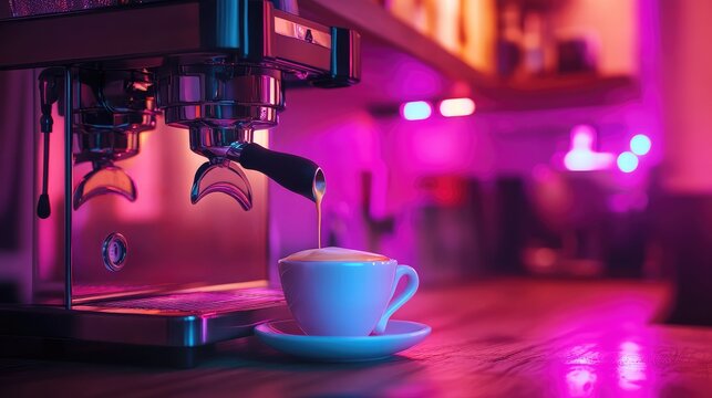 Espresso machine brewing coffee in neon purple light