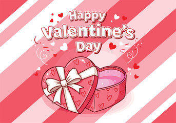 Heart-shaped gift box with white ribbon and pink interior on diagonal striped background for Valentine’s Day celebration greeting
