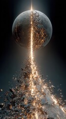 Celestial Orb Fragmenting with Golden Light, Energy Beam Piercing Sphere, Cosmic Power, Destruction and Creation, Dark