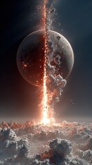 Exploding Moon: Fantasy Planet Destruction with Fiery Energy Beam Splitting Celestial Body Amidst Clouds, Dark Sky