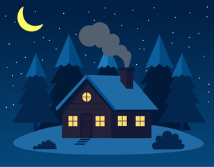 Obraz premium Cozy Winter Night Cabin Illustration, perfect for holiday greetings, winter themed web design, or nature tourism brochures