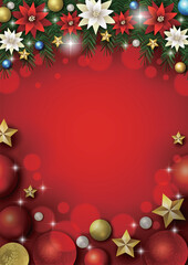 クリスマス背景、ボール、赤、ポインセチア、モミの木、かわいい、イラスト、縦