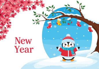 New Year penguin illustration, winter snow scene, Christmas tree, falling snowflakes, festive mood, holiday celebration, cherry blossoms, colorful stockings