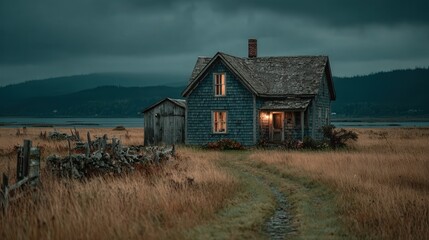 Weathered House by the Water at Dusk