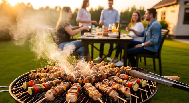 Grilling Meat and Vegetable Skewers at a Sunset BBQ Party