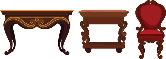 Ornate vintage furniture set, decorative wooden tables, carved legs, red cushioned chair, classical interior decor, antique style, elegant vector illustration