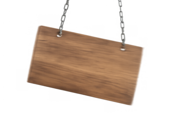 Blank wooden sign hanging by chains with subtle texture, providing copy space and a rustic background, transparent