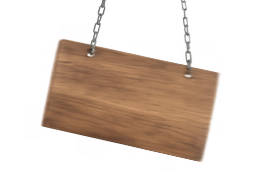 Blank wooden sign hanging by chains with subtle texture, providing copy space and a rustic background, transparent