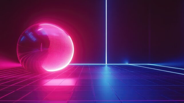 Abstract glowing sphere on retro cyberpunk grid background