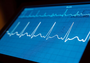 Blue EKG heartbeat line pulses on a grid background, simulating a futuristic medical monitor. For health or technology concepts, Healthcare & Heart Monitoring Technology