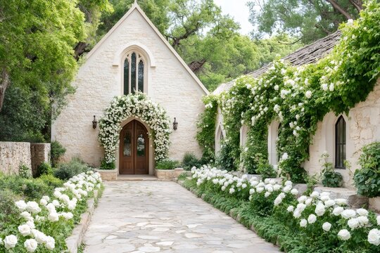 Stone chapel exterior with white climbing roses and pathway