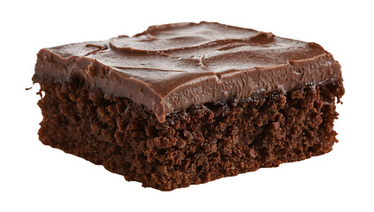 Rich chocolate cake square with smooth frosting isolated on the transparent background for bakery or dessert menu design