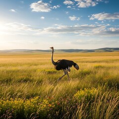 Fototapeta premium Ostrich Strutting Across the African Savannah Under a Bright Sky.