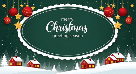 Vertical green Merry Christmas and Happy New Year greeting card banner in paper art style with snowy winter landscape, red village, forest scene, and copy space, Christmas / Winter Holiday