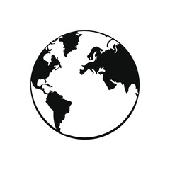 Minimalist black and white vector illustration of the planet Earth globe, showing a simple world map with continental land outlines