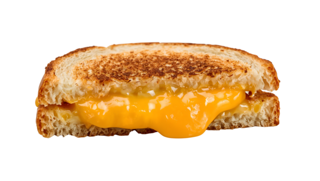 Hot melty grilled cheese sandwich with golden toasted bread and gooey cheddar close up on the transparent background