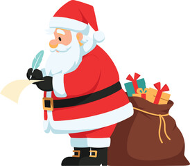 Santa Claus writing gift list, Christmas presents, holiday sack, festive season, red suit, winter celebration, cheerful mood, traditional character